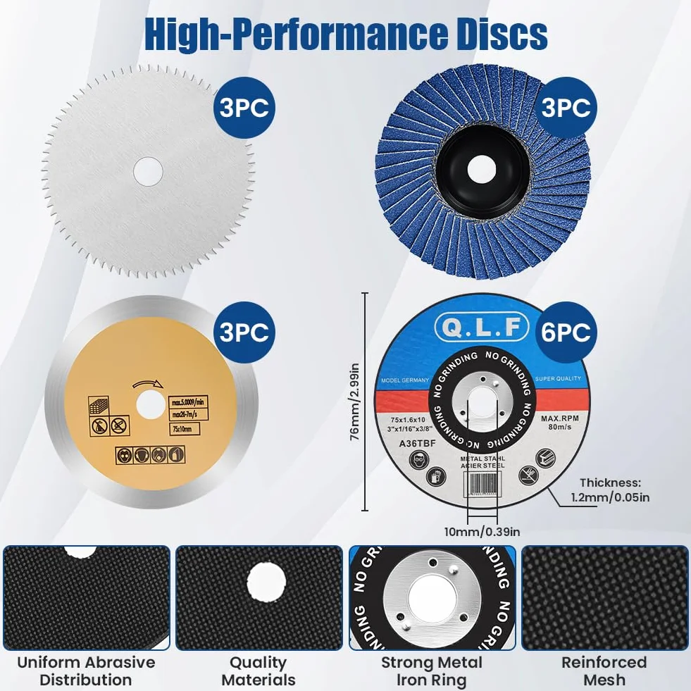 Juego de 15 discos de corte universales 76mm para amoladora angular, metal, madera, azulejos