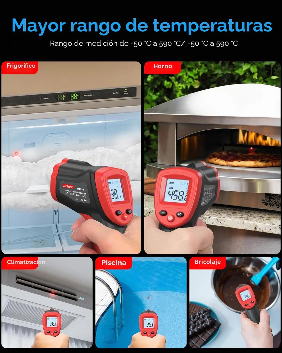 Termómetro infrarrojo Wintact -50°C a 590°C pistola láser temperatura sin contacto para cocinar