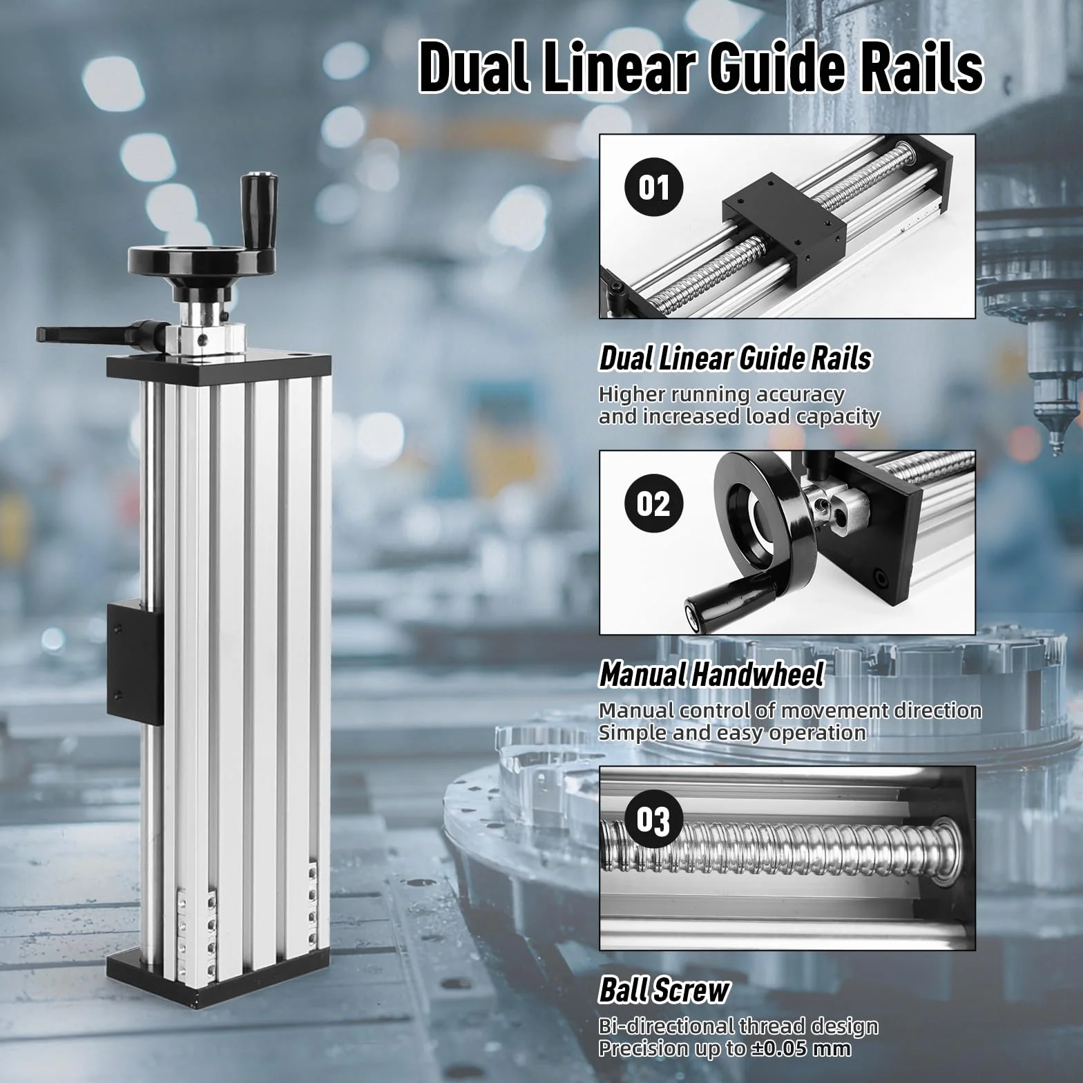 Guía Lineal con Volante 200 mm Husillo de Bolas ±0,05 mm Doble Rail CNC Mesa Lineal X-Y-Z