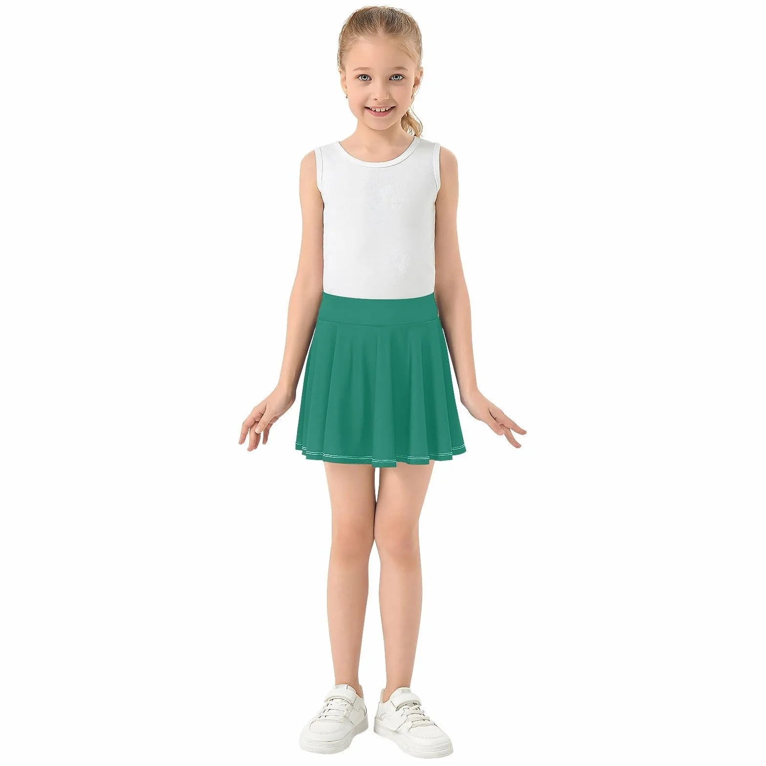 Falda pantalón de tenis con pantalones cortos para niñas, color verde oliva, color liso