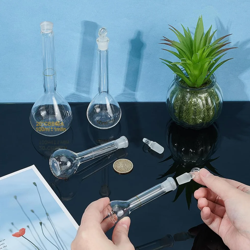 OLYCRAFT Lote de 4 frascos aforados 10 ml 25 ml 50 ml 100 ml con tapón de cristal vidrio laboratorio