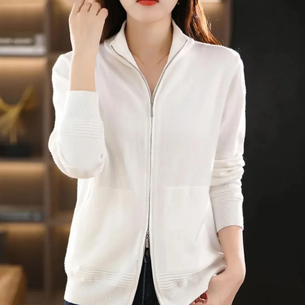 Alloaone Suéter De Lana para Mujer Cárdigan con Doble Cremallera Tops De Punto Casuales