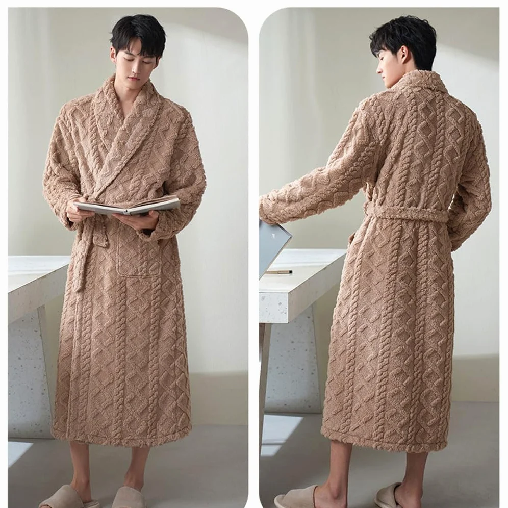 LEIYTFE Albornoz De Noche para Hombre,Albornoz De Baño Bata Invierno Cálido Pijama Casa Abrigo con Bolsillo Y Cinturón Albornoz Largo De Hotel SPA(Bruin,XXL)