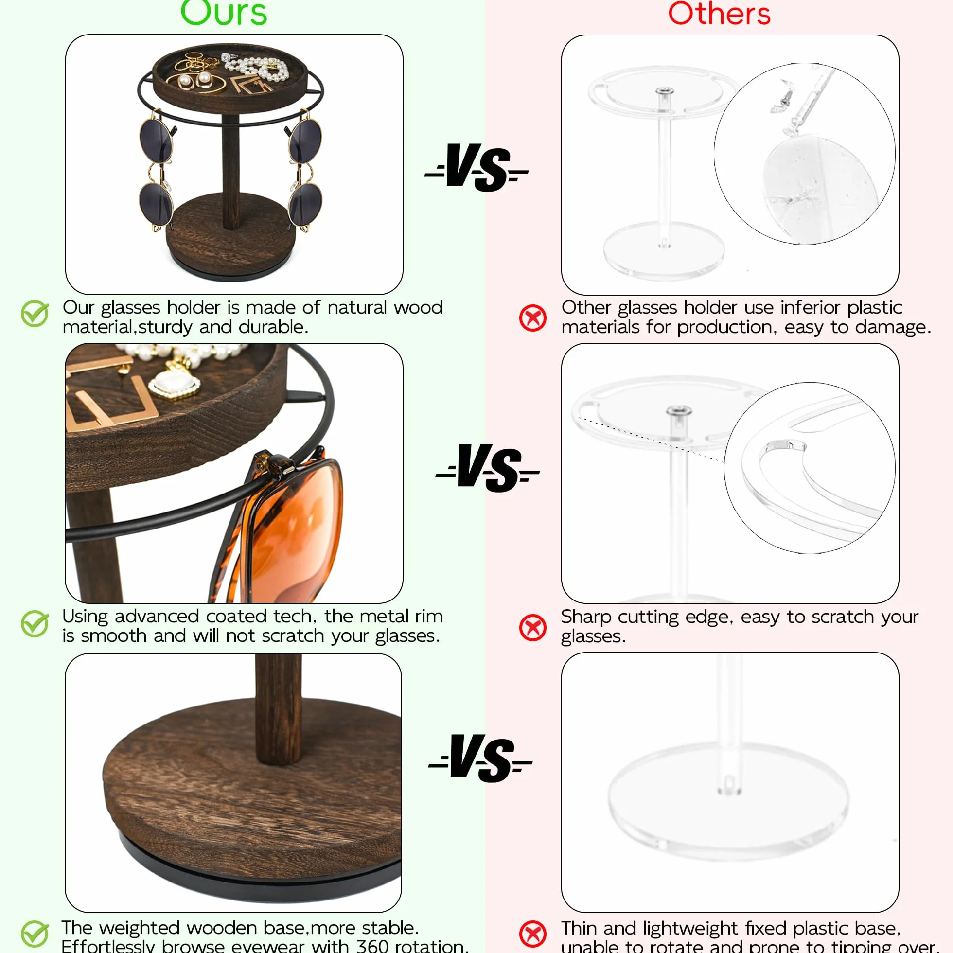 Organizador giratorio 360° para gafas de sol con bandeja de madera y base de vidrio, expositor de almacenamiento múltiple para mesa