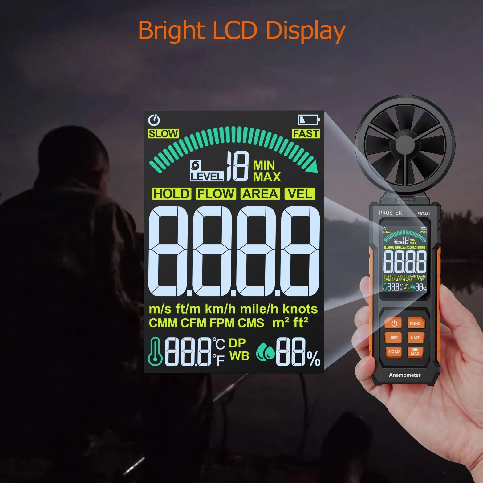 Proster Anemómetro Portátil Medidor de Velocidad del Viento Digital con CMM CFM Flujo de Aire y Temperatura