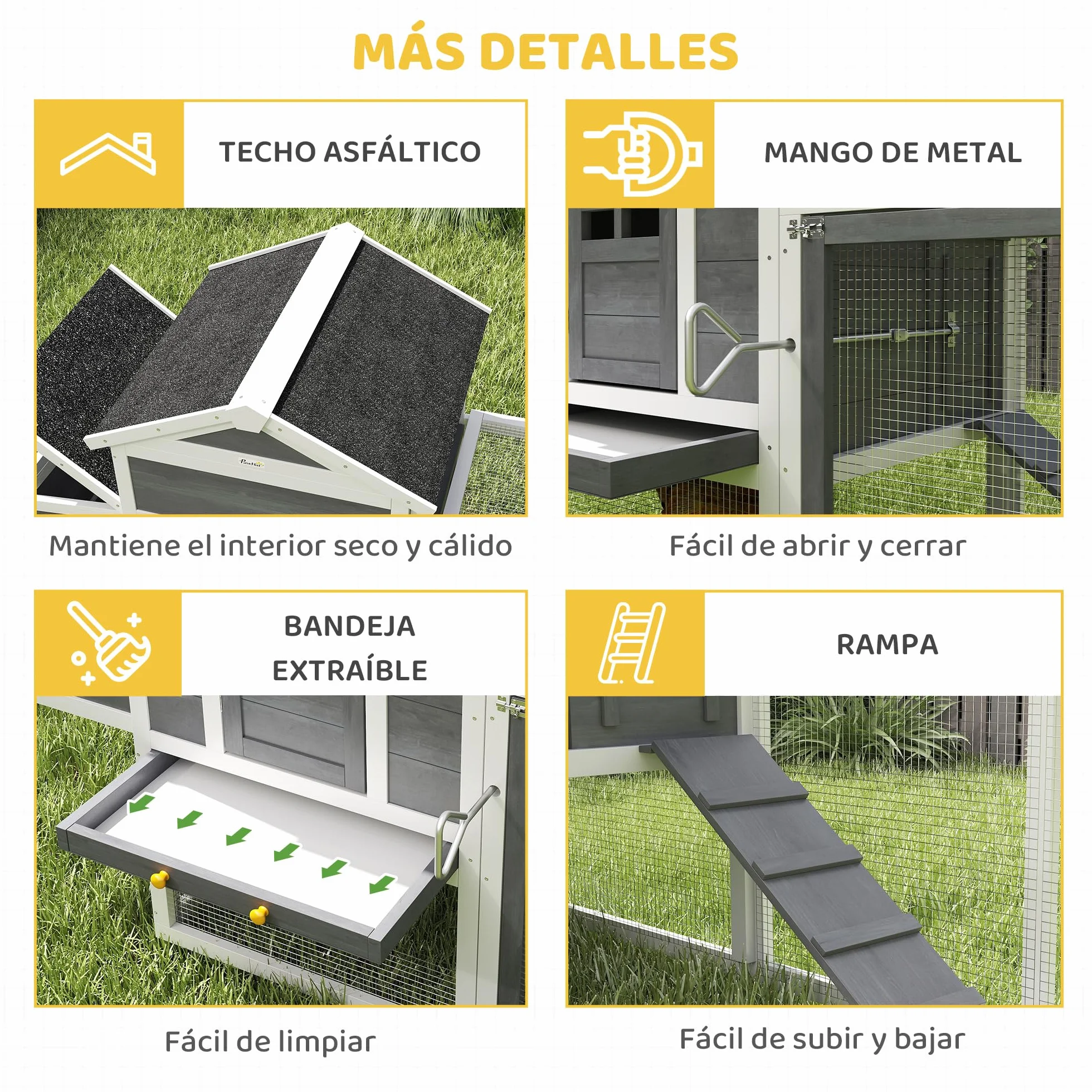 PawHut Gallinero Exterior Madera Grande 297,5x68x118 cm para 3-6 Gallinas con Nido Corral Bandeja Extraíble Techo Asfáltico Gris Blanco