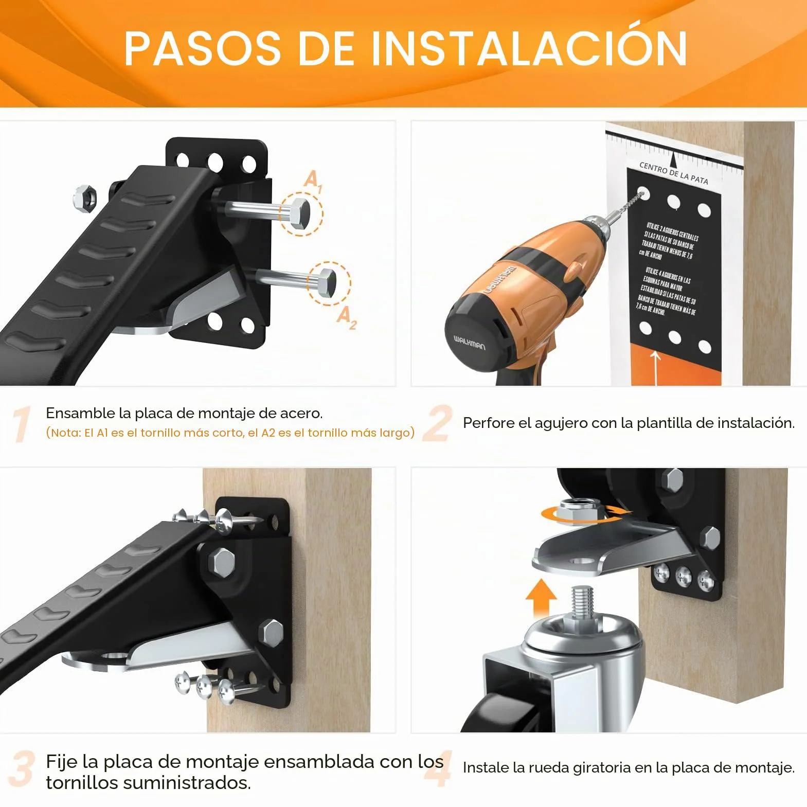 SOLEJAZZ Juego de ruedas para banco de trabajo, 400 kg, retráctil, acero, uretano, paquete de 4