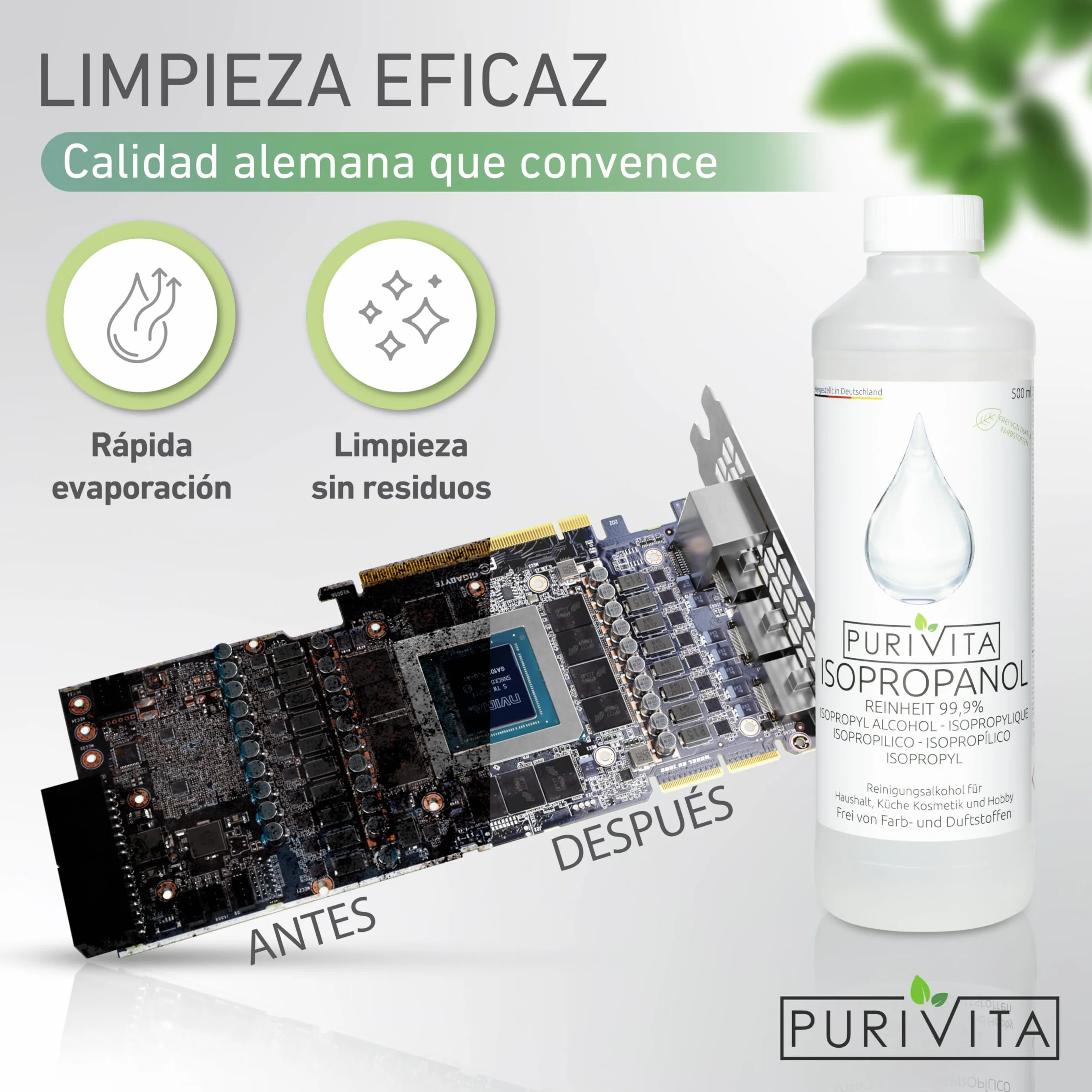 PURIVITA Alcohol Isopropilico 99,9% 500ML - Isopropyl Alcohol Limpiador Desengrasante