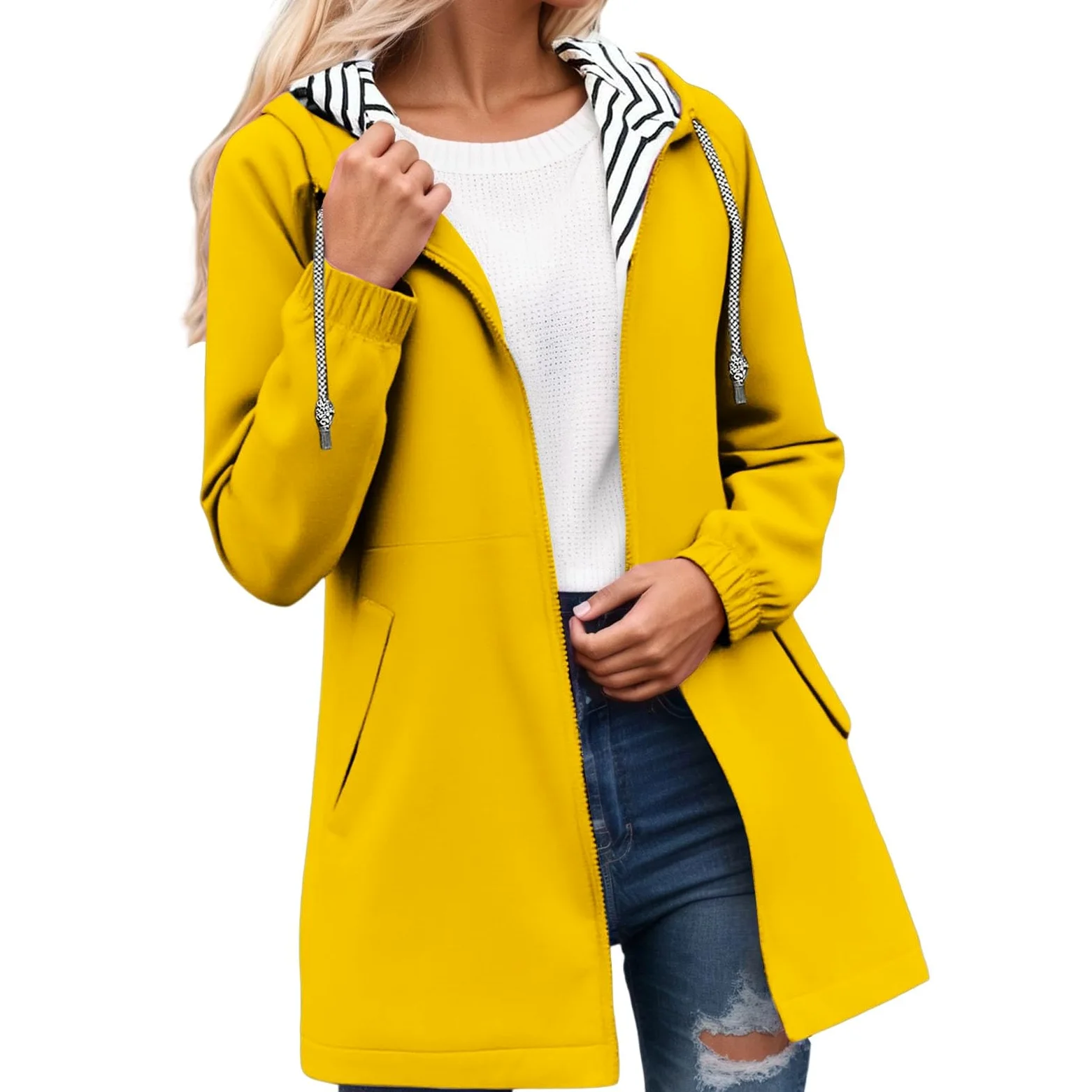 Genérico Chaqueta cortavientos anorak ligera senderismo capucha bolsillos rayas aventuras al aire libre mujeres
