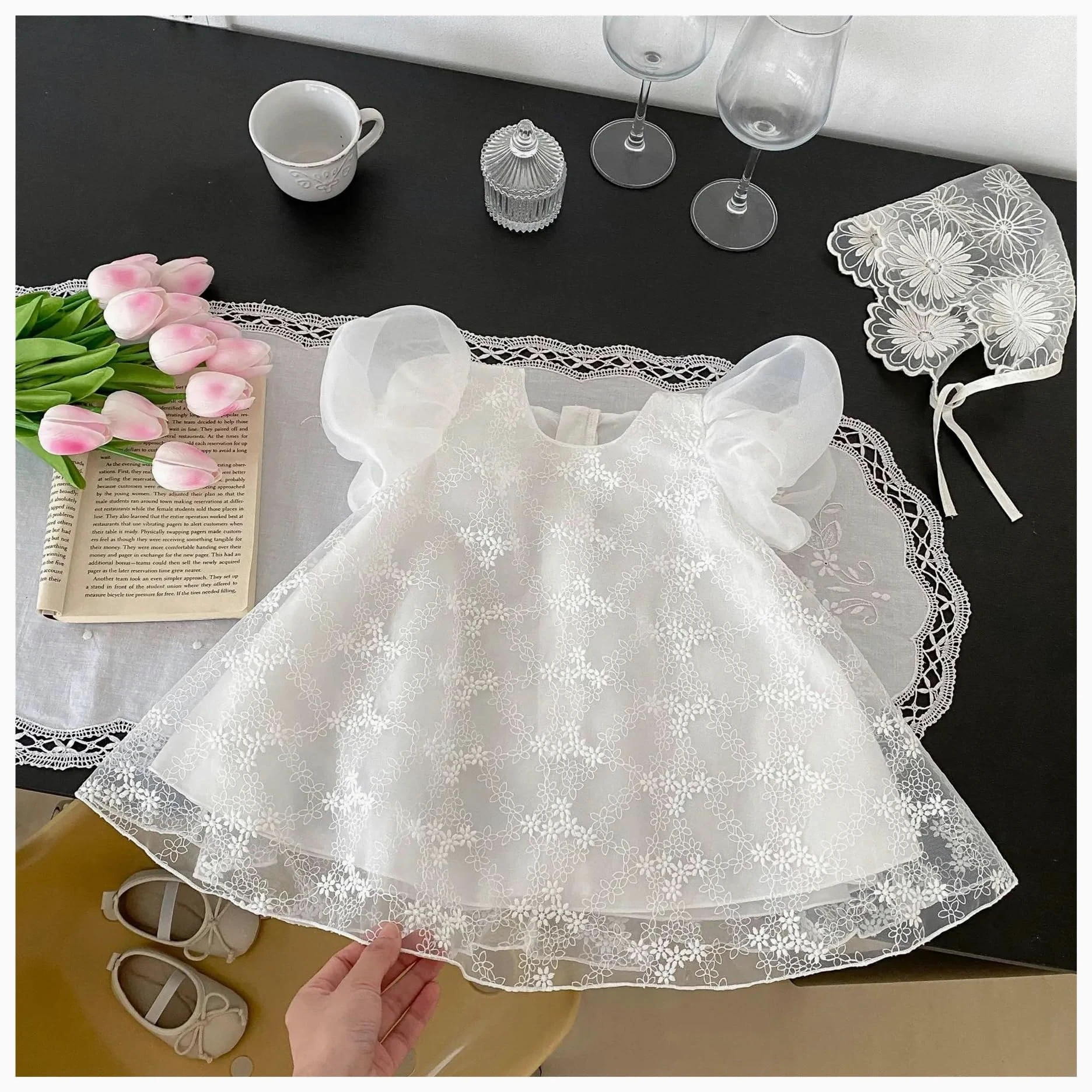 Vestido De Fiesta para NiñA Vestido de Princesa for niña, Banquete de Cien días, Vestido de algodón con Falda de Encaje y Mangas Cortas con Burbujas(2-3Y)
