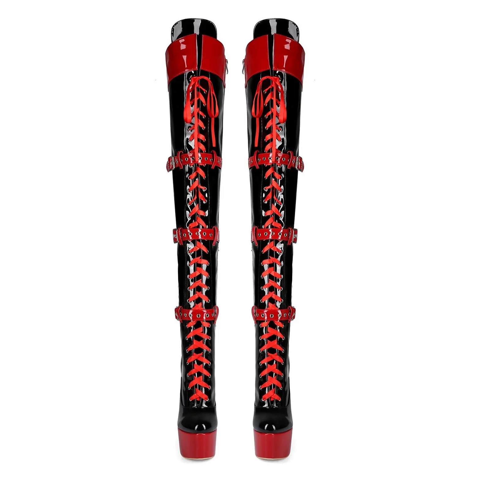 Frankie Hsu Botas largas de tacón alto con plataforma de aguja sexy por encima de la rodilla, cinturón de cinta de charol negro y rojo, ajustable, muslo, talla grande US5-19, zapatos para mujeres y