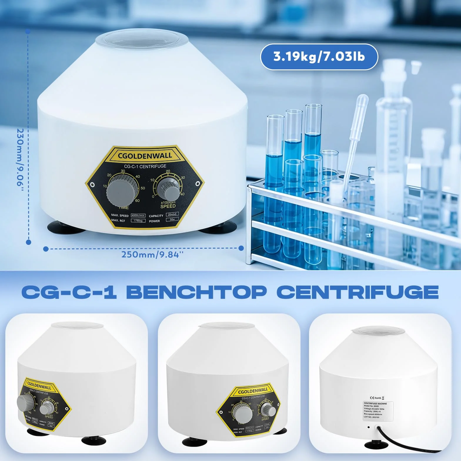 CGOLDENWALL Centrifugadora de Laboratorio 20ml 4000rpm 1790xg 0-60min