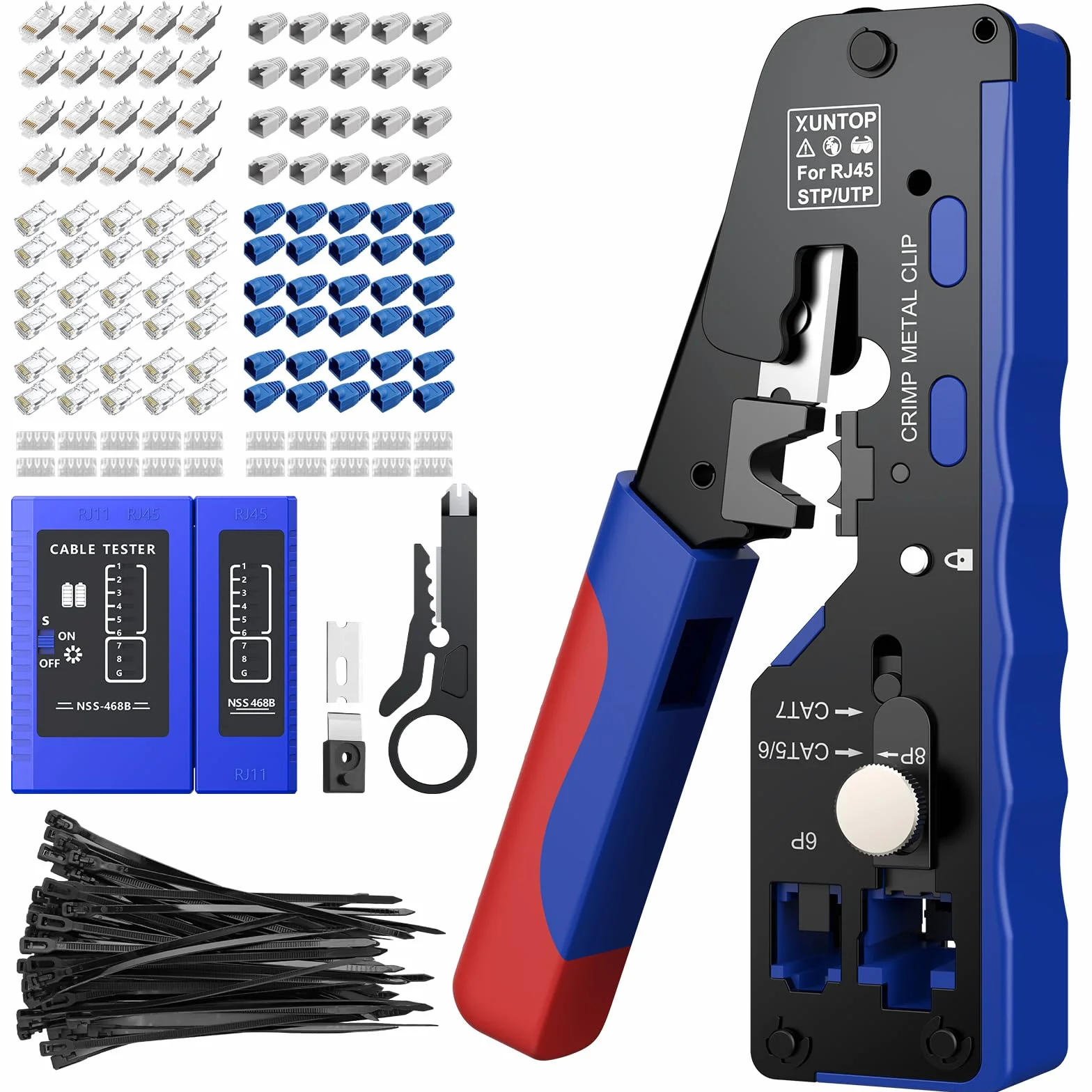 XUNTOP Crimpadora RJ45 Herramienta de Crimpado para Cat5 Cat6 Cat6a Cat7 Ethernet con Comprobador de Cables Kit 100 Piezas