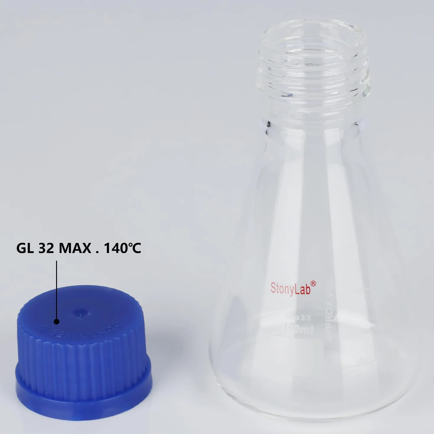 Matraz Erlenmeyer con Tapa de Rosca Azul, Vidrio Borosilicato Graduado para Laboratorio 100 ml