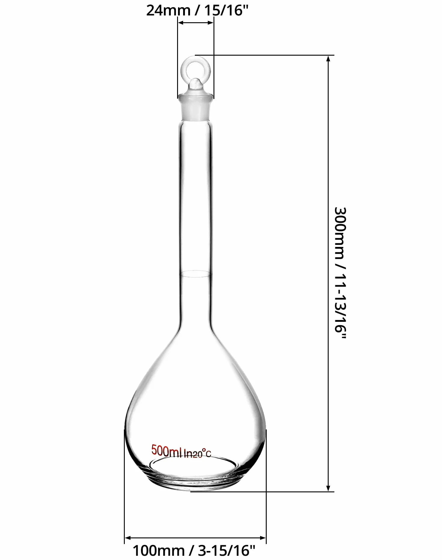 QWORK Frasco volumétrico de 500 ml con tapón de vidrio, vidrio de borosilicato alto 3.3, 2 unidades