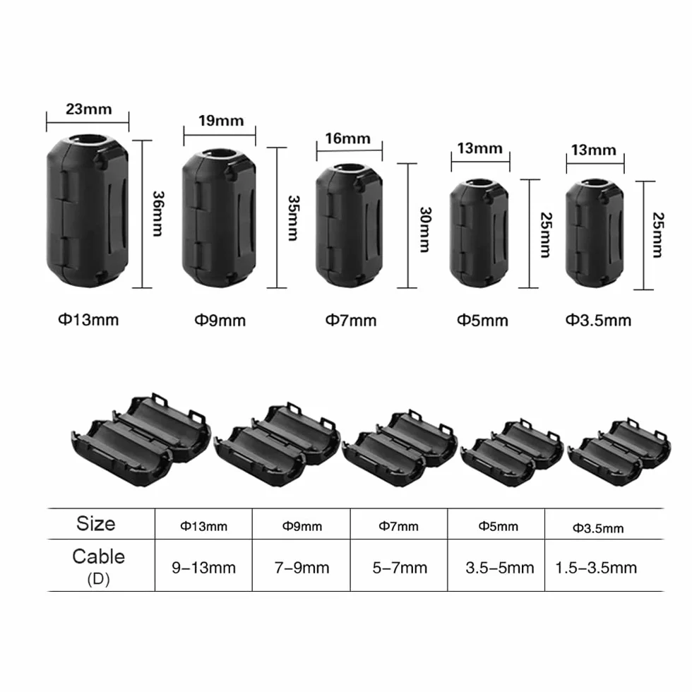 Set de Núcleo de Anillo de Ferrita 8 Piezas, Clip de Cable Supresor de Ruido EMI RFI Filtro de Alta Frecuencia 5-13mm