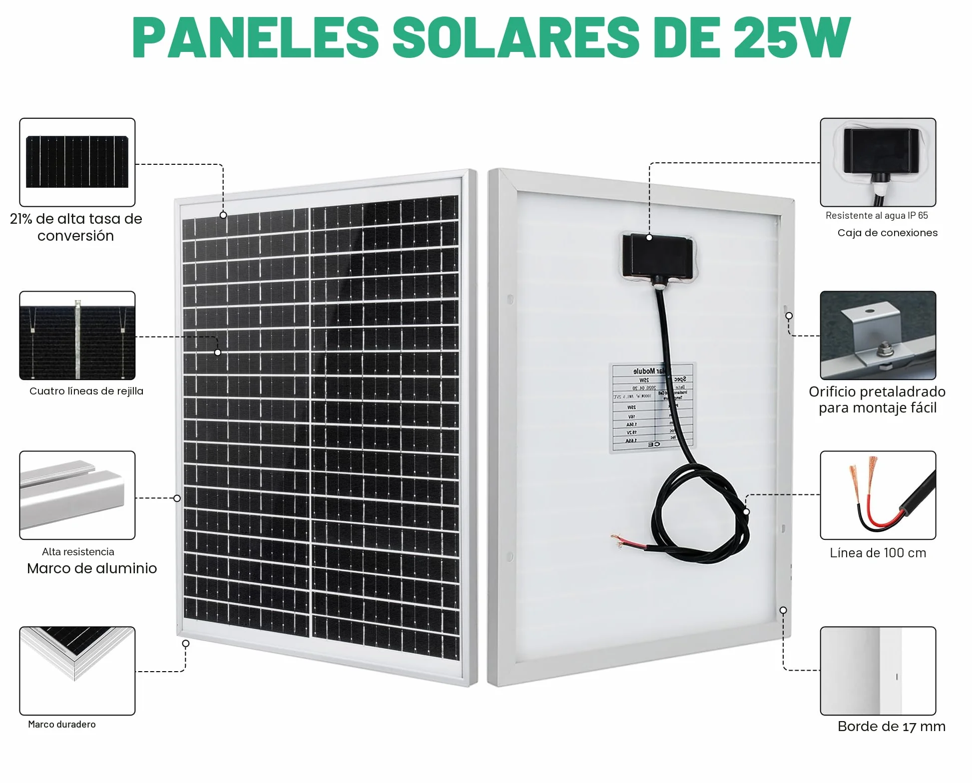 ECO-WORTHY Panel solar 25W 12V IP65 Módulo solar impermeable carga batería fuera de red
