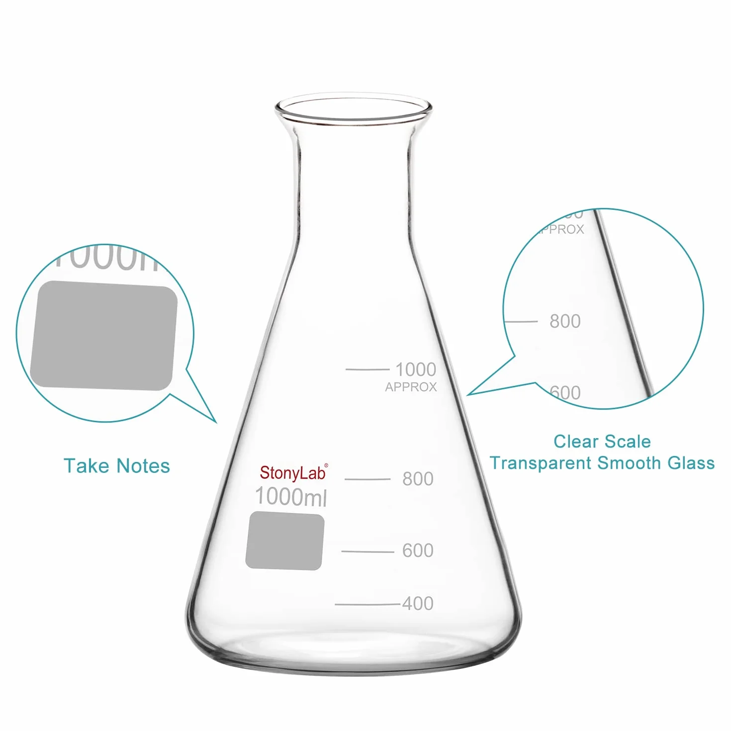 Matraz Erlenmeyer de Boca Ancha de Vidrio, 1000 ml, Borosilicato, Uso Pesado, 1 Pieza
