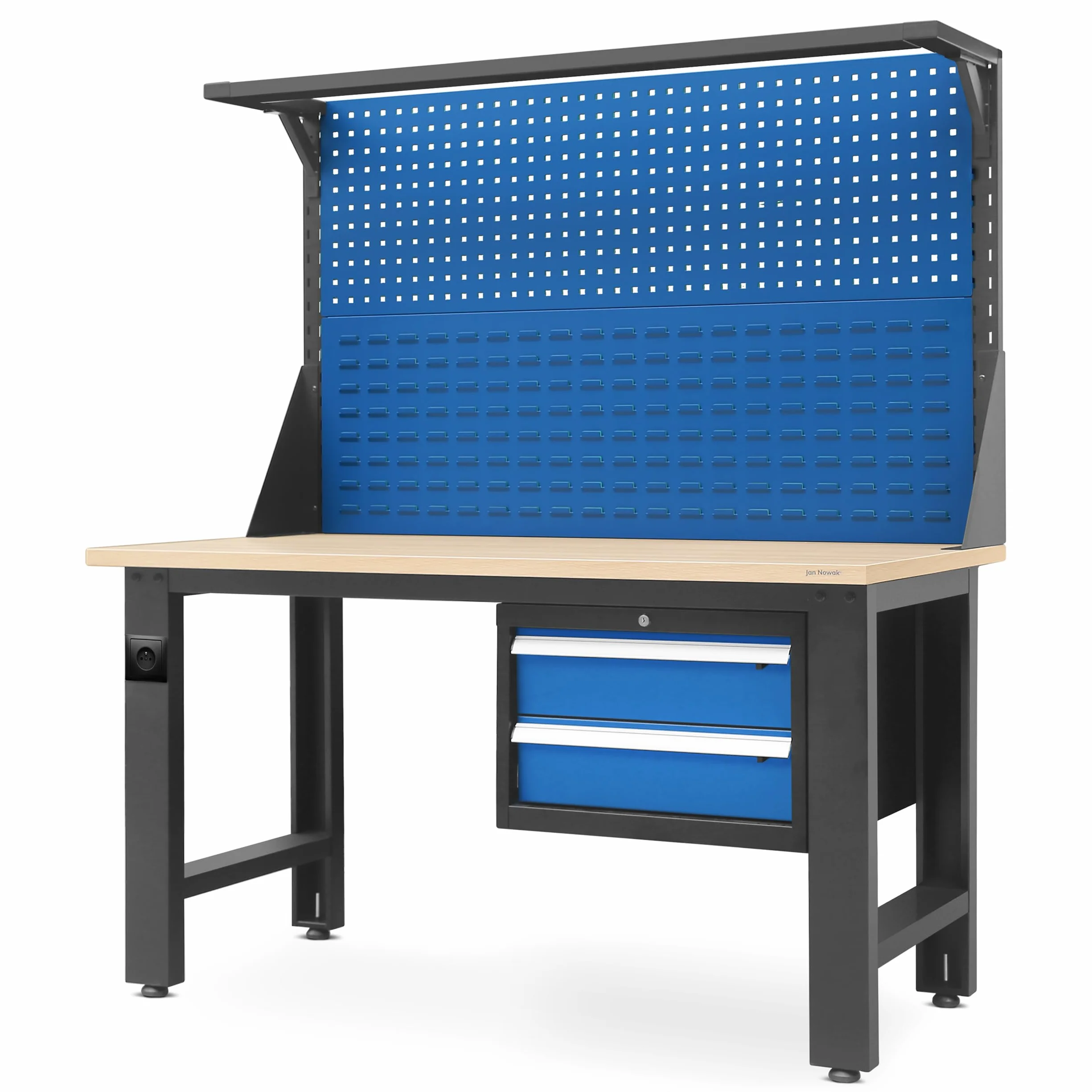 Banco de Trabajo con Pared Perforada Mesa de Trabajo 2 Cajones Enchufe Metal MDF 600 kg 170x150x75 cm Antracita Azul