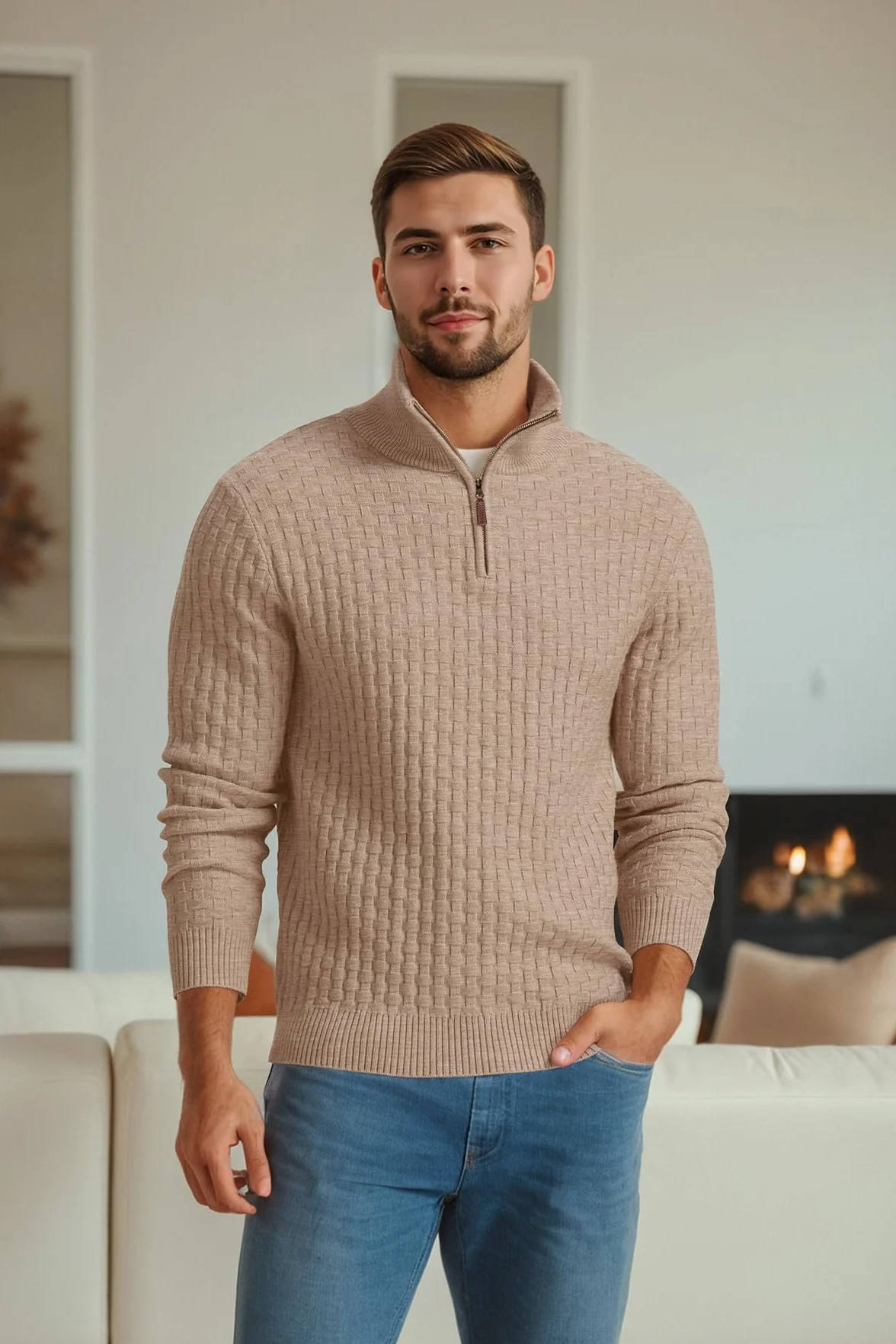 QIXING Jersey de punto para hombre, cuello medio, grueso, informal, con cremallera 1/4