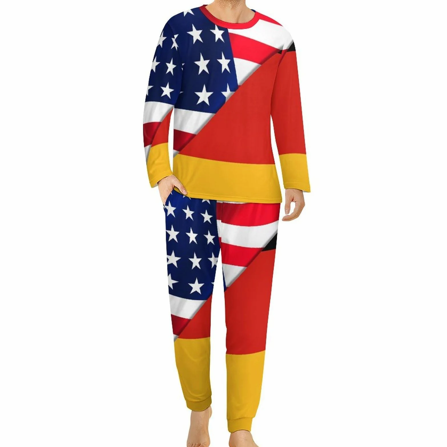 Conjunto de pijama para hombre con bandera de Estados Unidos y bandera alemana, cuello redondo, ropa de dormir larga, 2 piezas