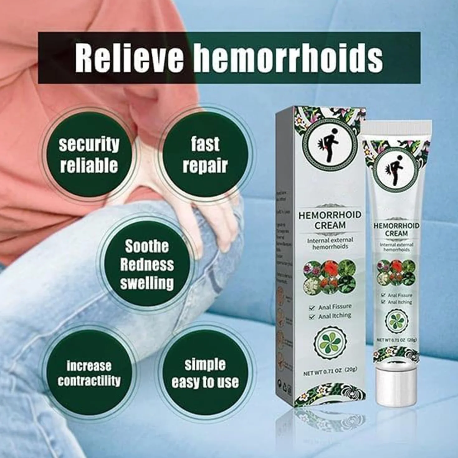 Crema Herbal para Hemorroides, Alivio Rápido de Picazón y Ardor Externos