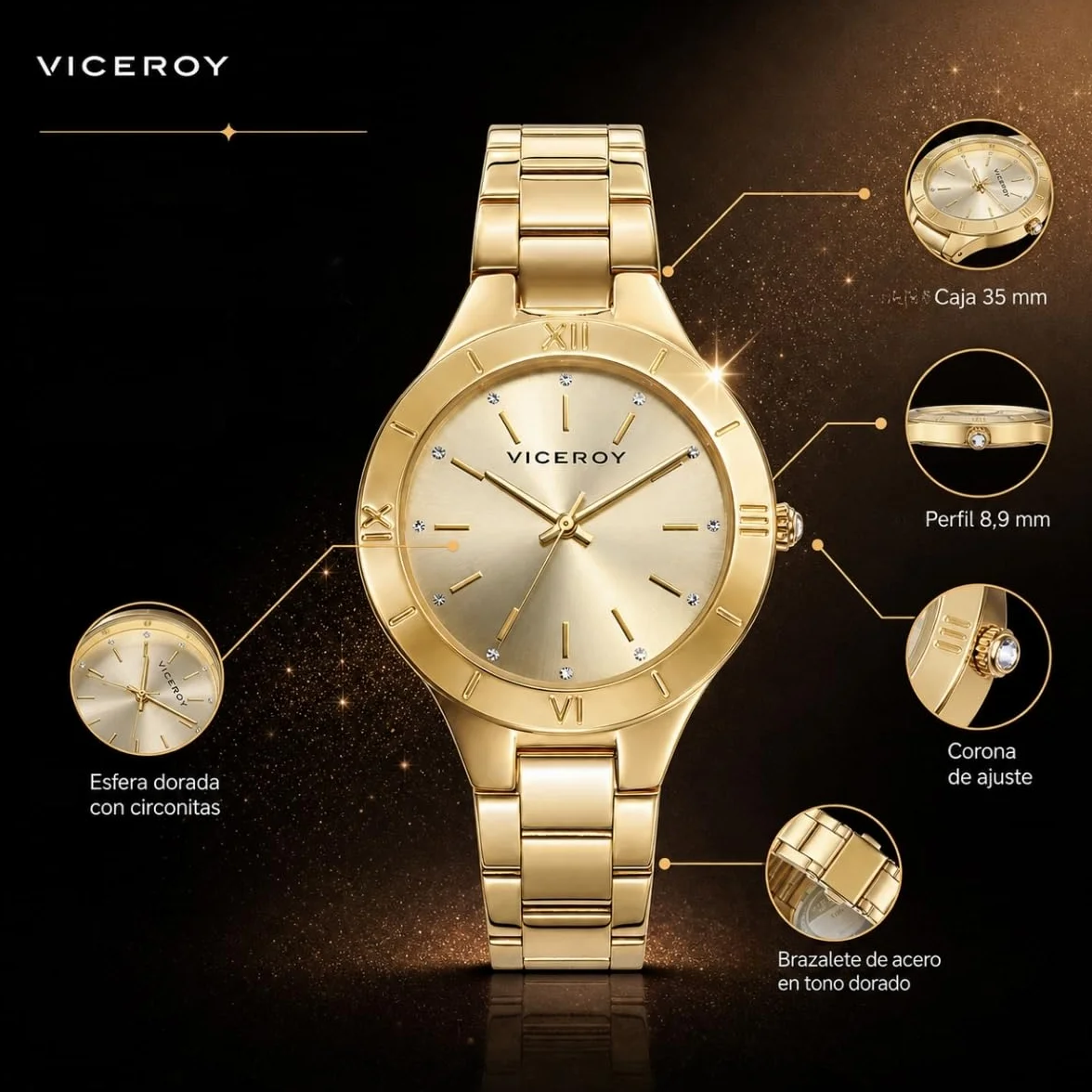 Viceroy Reloj Analógico Mujer de Acero Inoxidable - 35 mm - Movimiento de Cuarzo - Esfera Dorada con Circonitas - Acabado Dorado - Resistente al Agua 3 ATM - Colección Chic – 401056-27
