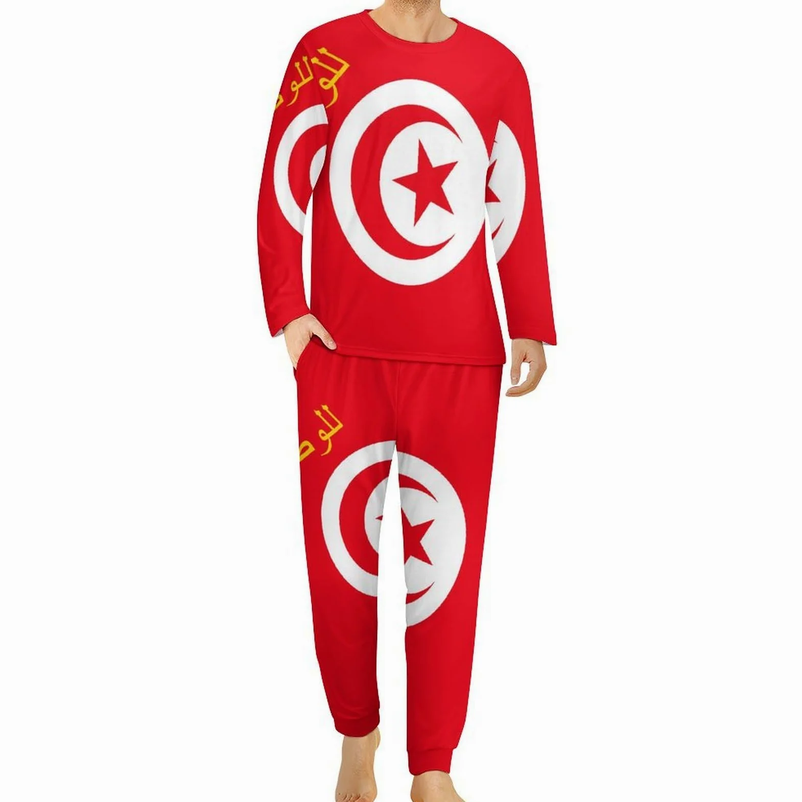 Flag of Tunisia - Conjunto de pijama para hombre, cuello redondo, ropa de dormir larga, 2 piezas