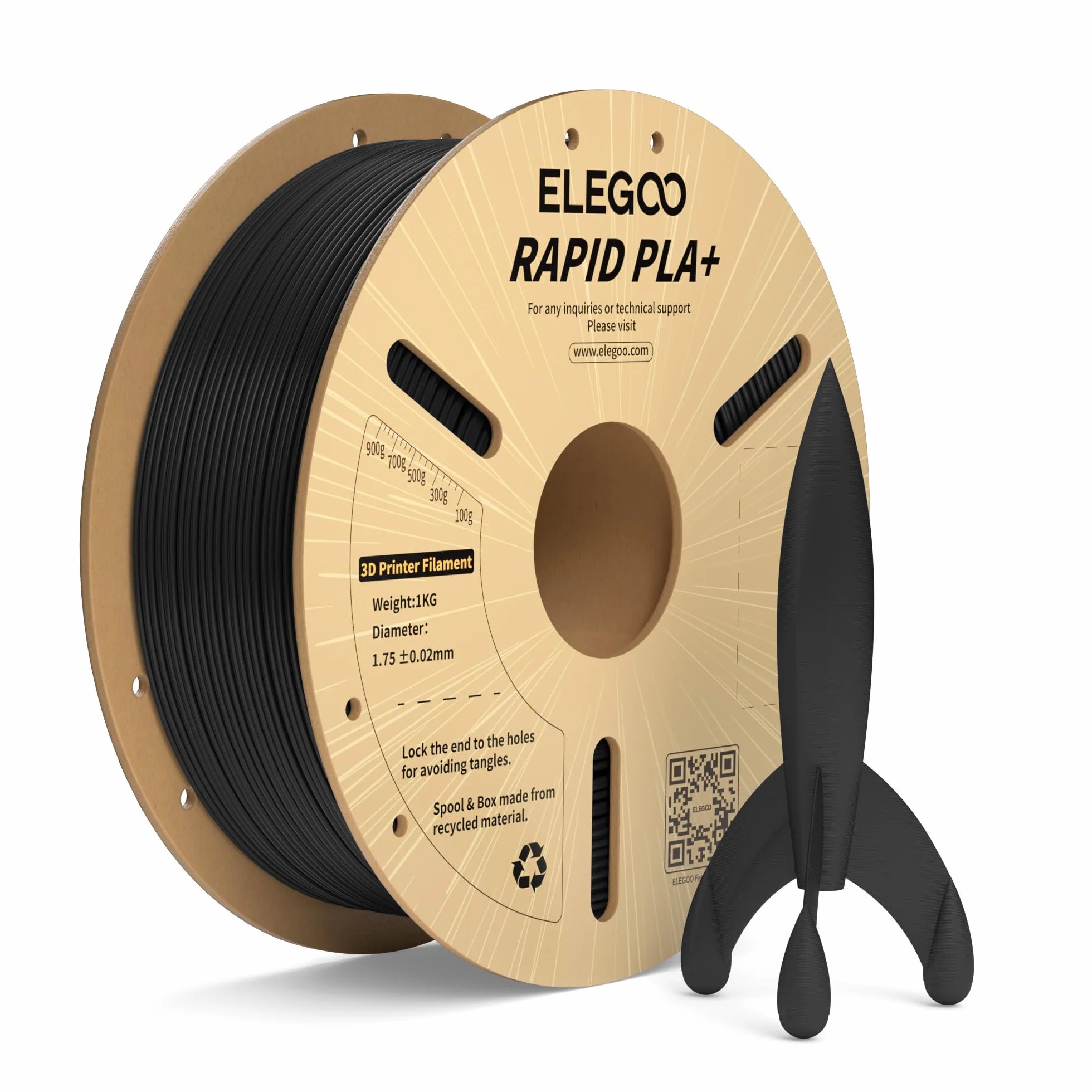 ELEGOO Filamento PLA+ Alta Velocidad 1.75mm 1KG Negro, 30-600mm/s, Precisión Dimensional +/- 0.02mm