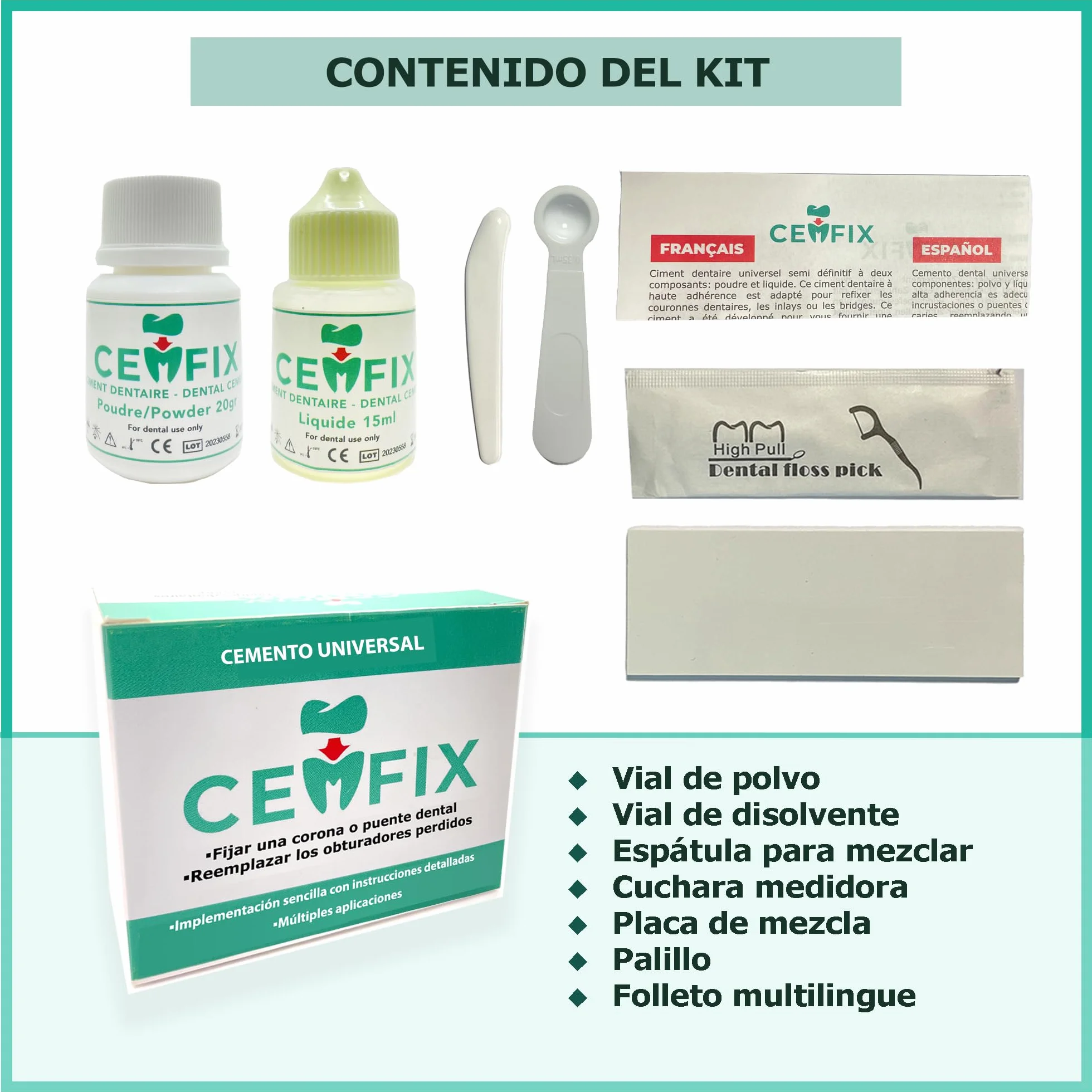 Kit de fijación para corona, puente y caries