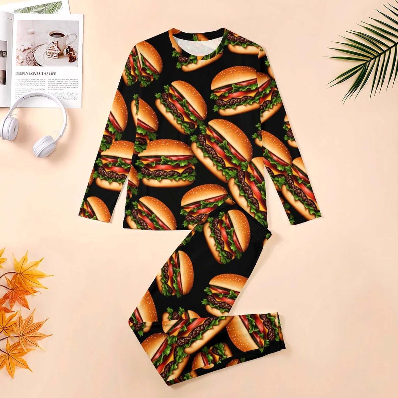 Hamburger - Conjunto de pijama para hombre, cuello redondo, ropa de dormir larga, 2 piezas