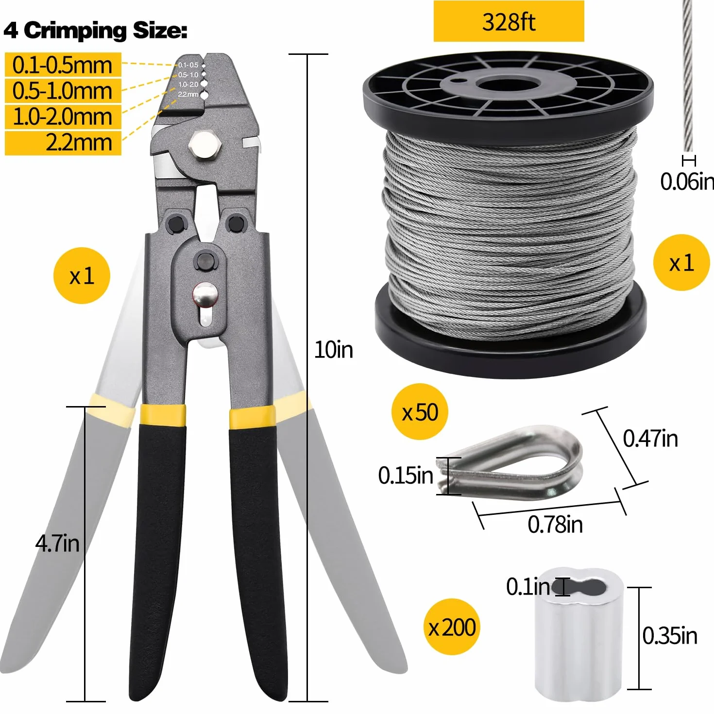Kit de herramientas de prensado de cable de acero inoxidable 330 pies con mangas de aluminio y dedales