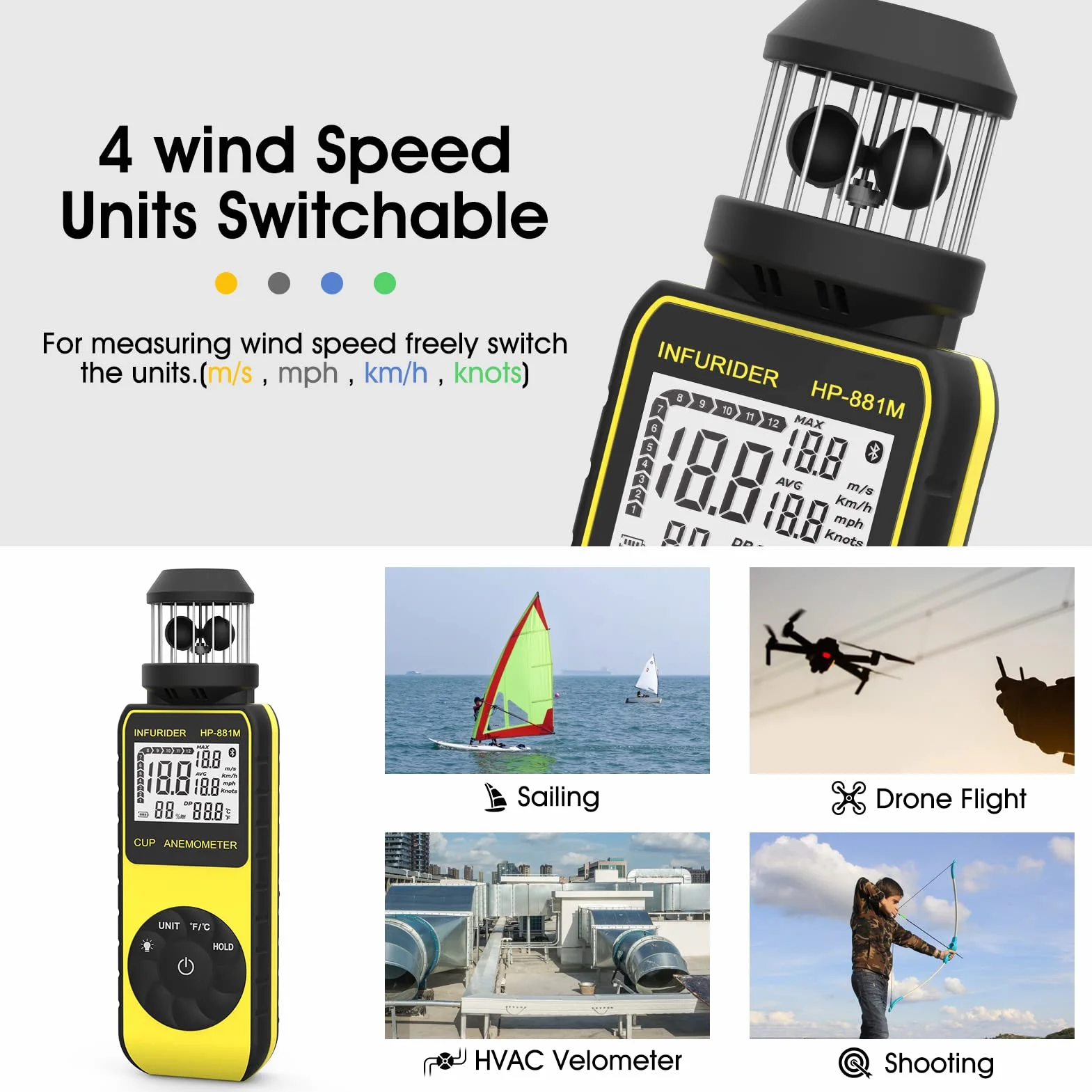 INFURIDER Anemómetro Portátil Digital Medidor de Viento con Brújula Velocidad Temperatura Aire Exterior