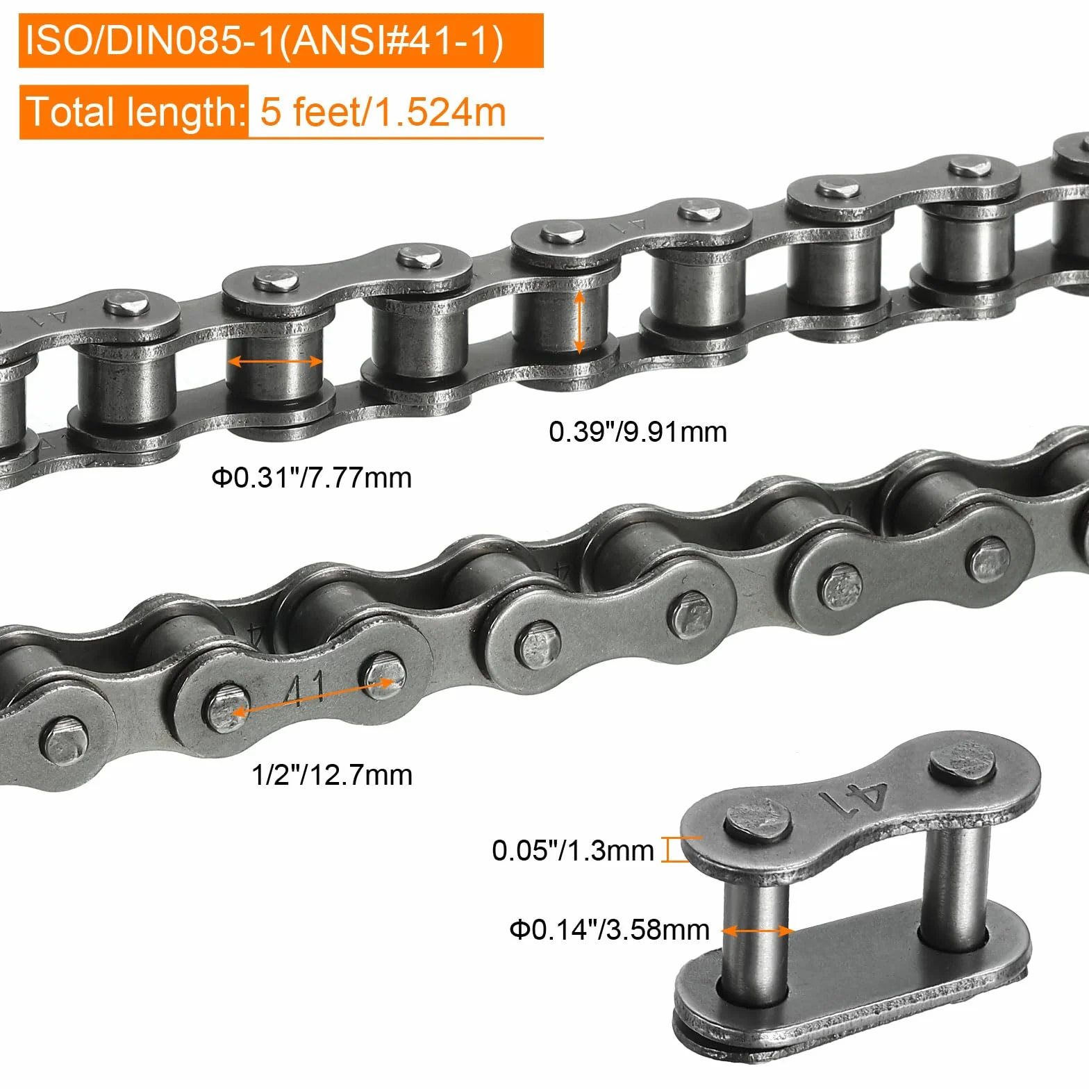 QUARKZMAN Cadena de Rodillos 5 Pies Paso 1/2" Acero al Carbono 120 Eslabones con 2 Eslabones Maestros