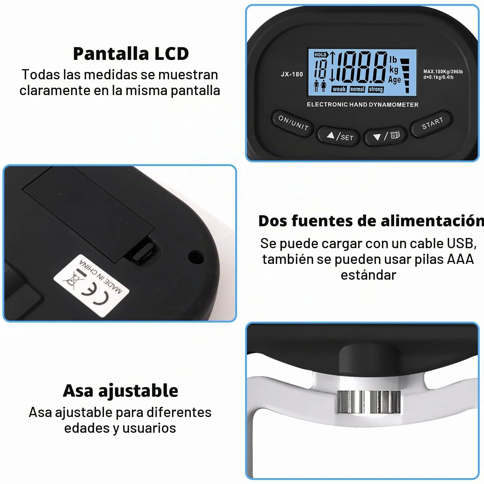 Medidor digital de fuerza de mano 90 kg / 198 lb dinamómetro con pantalla LED USB