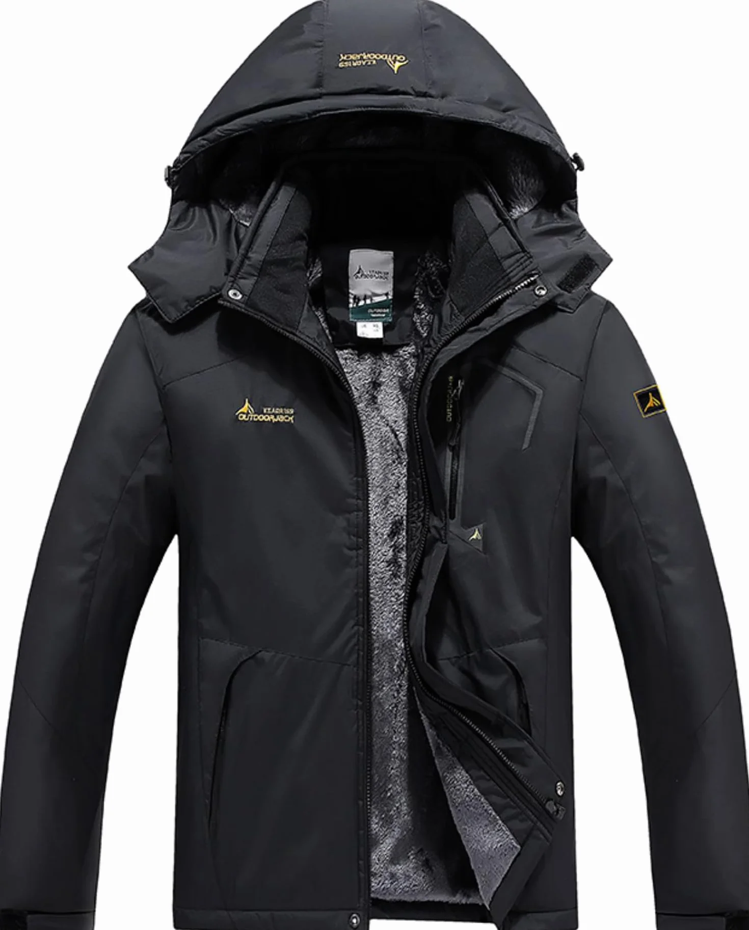 Chaqueta de Esquí Impermeable Hombre Lana Cazadora Montaña Snowboard Invierno Cálida Antiviento Abrigos con Capucha Desmontable Exterior CFY815M-Black-XL