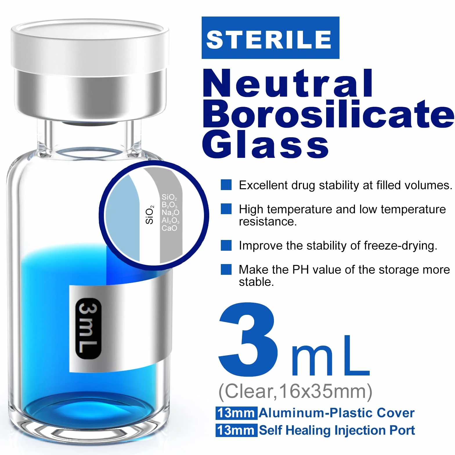 Biomed Solutions Vial estéril vacío 3 ml 8 unidades vidrio borosilicato tipo 1 tapón goma butílica