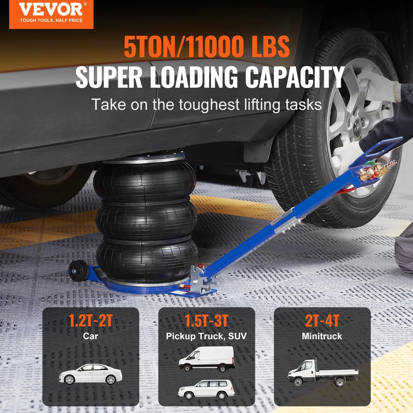 VEVOR Gato Neumático 5T Elevación 140-470 mm 0,8-1,0 MPa Coche SUV Taller