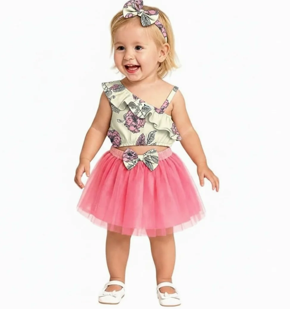 A.T.U.N. (ALL THINGS UBER NICE) Top corto con estampado asimétrico para bebé niña con falda de tutú acampanada y diadema a juego | Elegante conjunto de 3 piezas para niños