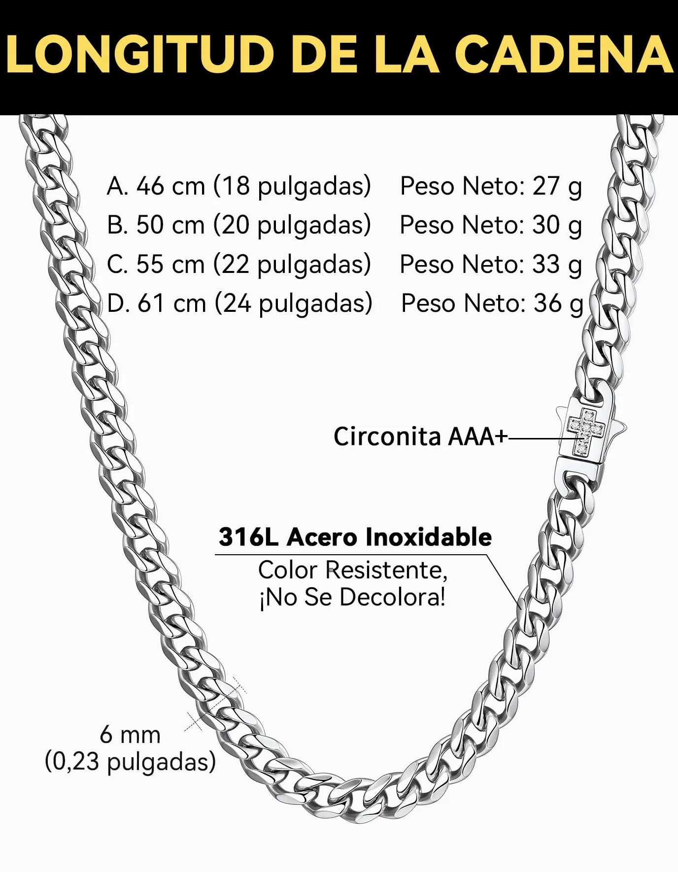 ChainsHouse Collar Colgante Cruz Hombre Cadenas Cubanas Acero Inoxidable Cierre Clip con Crucifijo Impermeable, 46cm -61cm Largo 6mm Ancho, Joyero Incluido