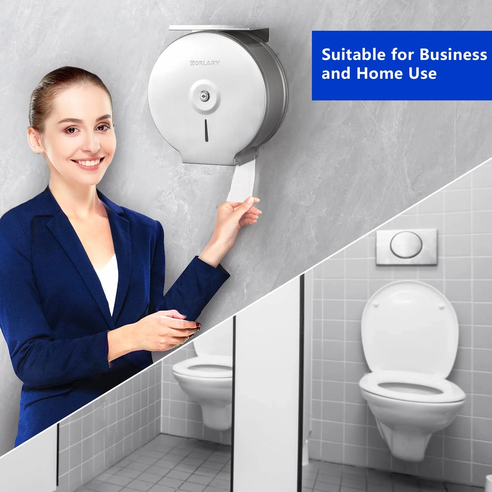Gorlary Dispensador de Papel Higiénico Gigante Comercial con Estante, Soporte de Acero Inoxidable para Montaje en Pared Plateado