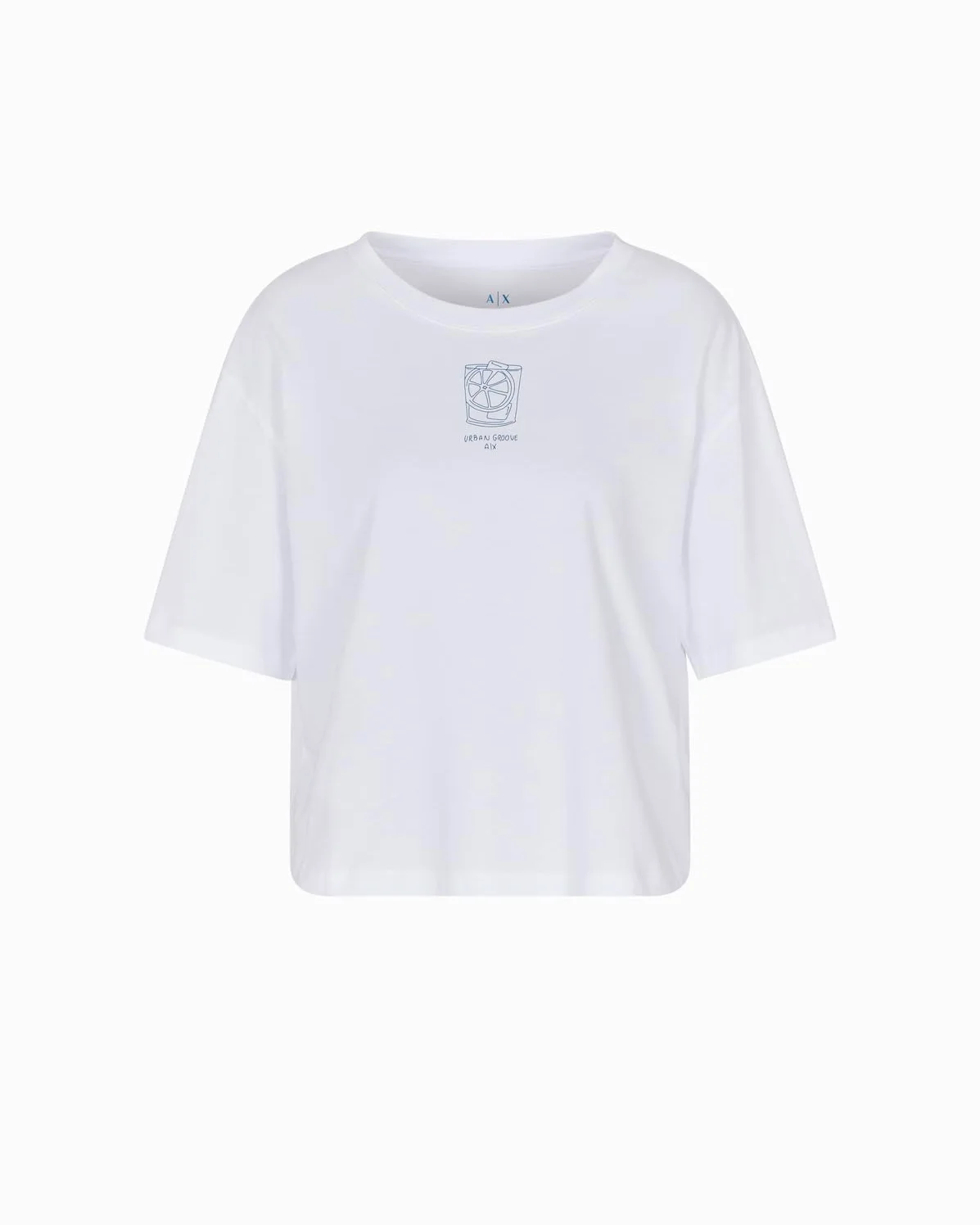 Armani Exchange Camiseta de Manga Corta para Mujer con Estampado Recortado, Blanco, M
