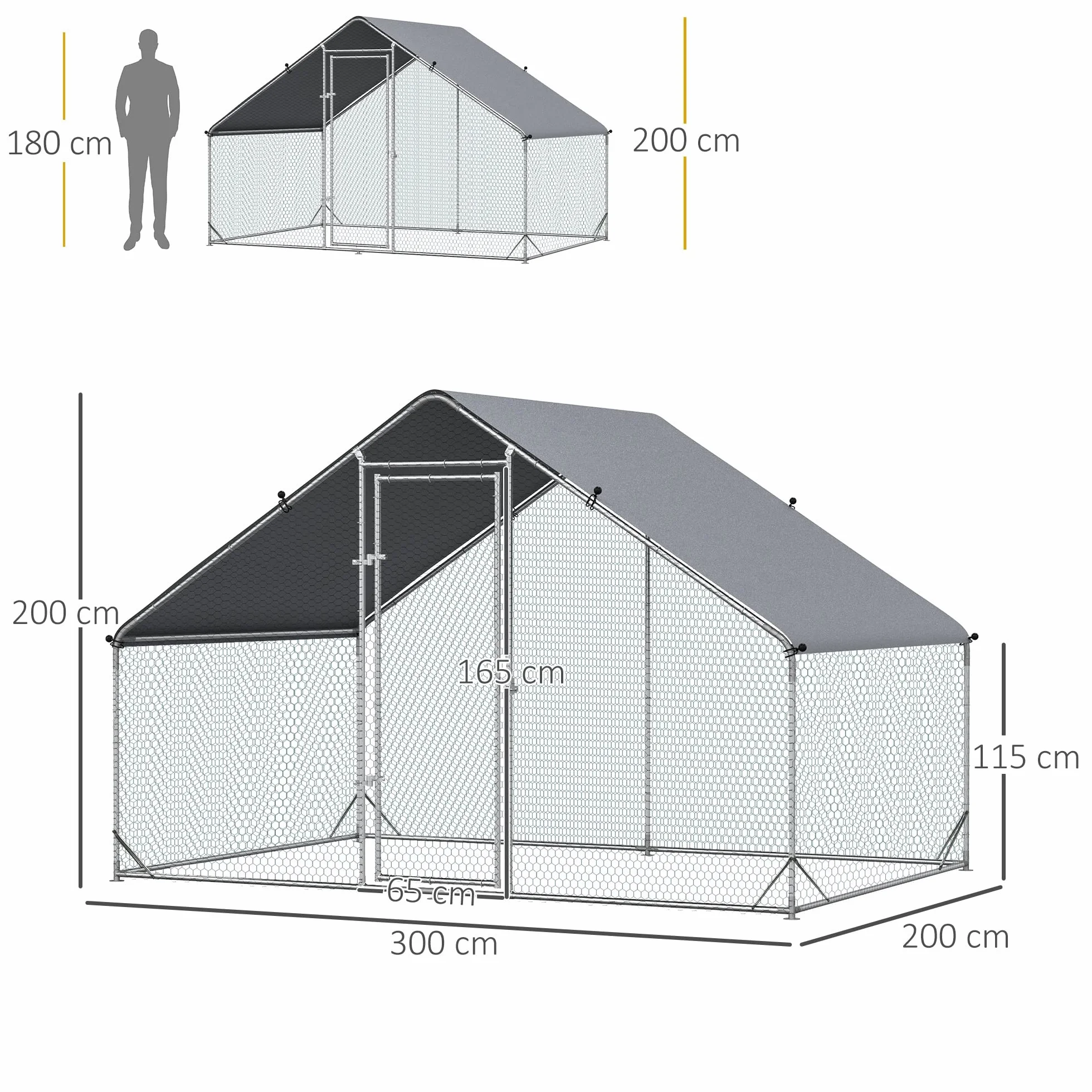 PawHut Gallinero Exterior Grande 3x2x2 m Jaula 4-6 Gallinas Acero Galvanizado Cubierta PE Cerradura Plata