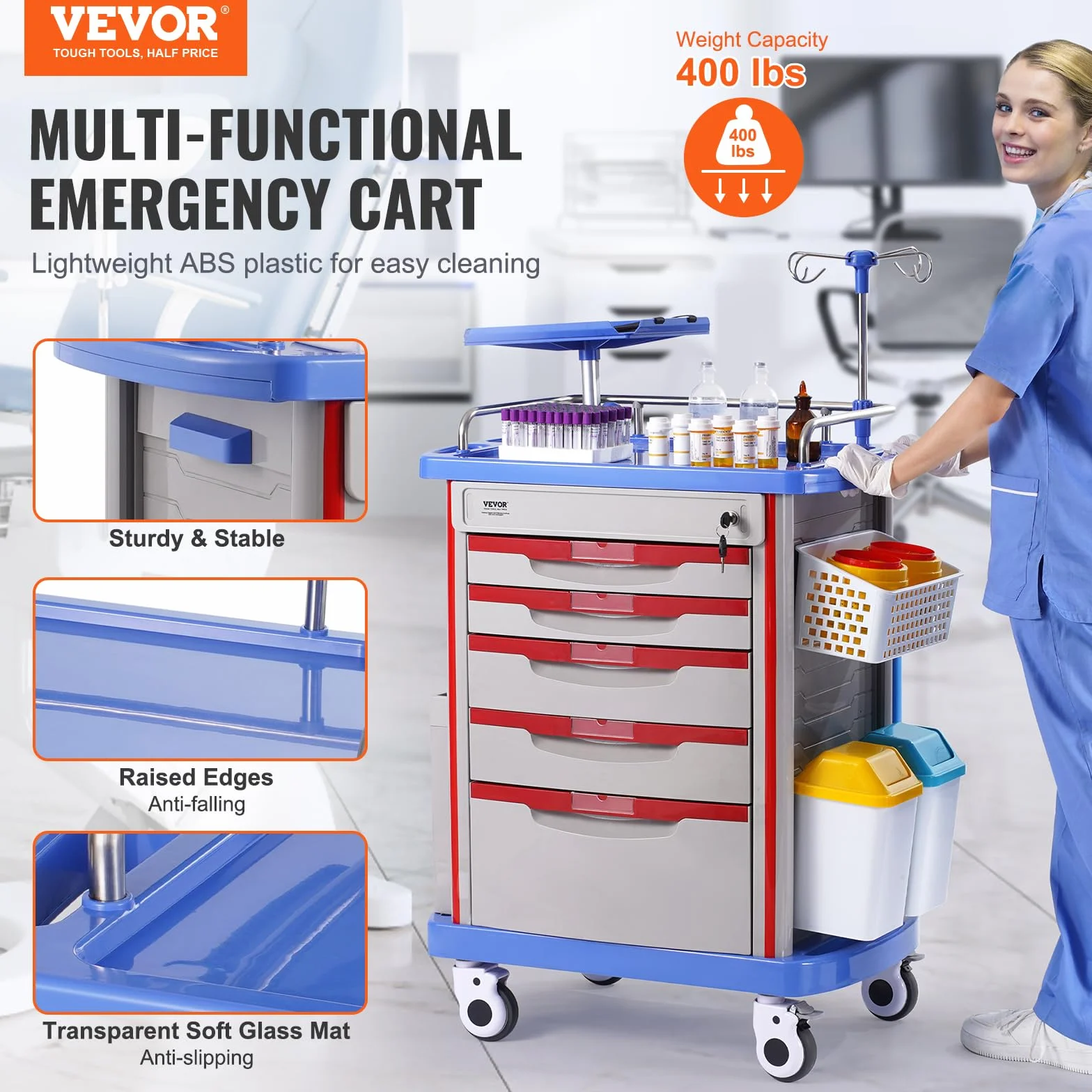 VEVOR Carro de Laboratorio de 5 Niveles Médico con 5 Cajones y 4 Ruedas Silenciosas Móvil PP Azul