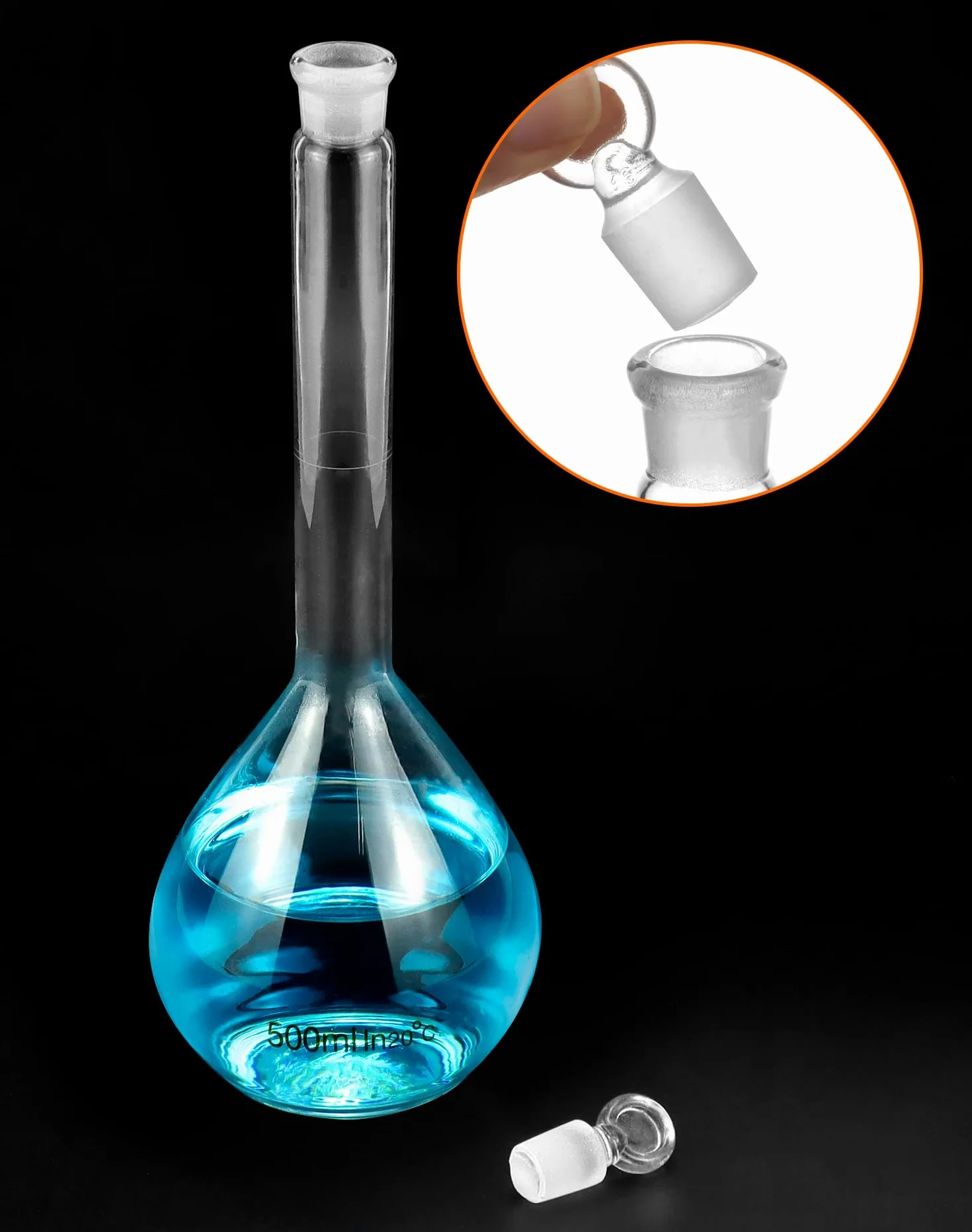 QWORK Frasco volumétrico de 500 ml con tapón de vidrio, vidrio de borosilicato alto 3.3, 2 unidades