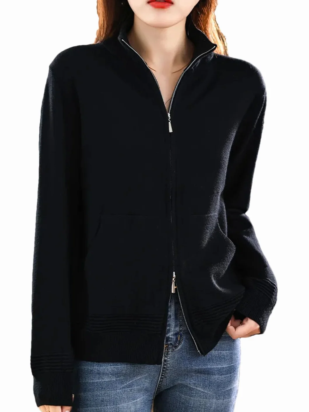 Alloaone Suéter De Lana para Mujer Cárdigan con Doble Cremallera Tops De Punto Casuales