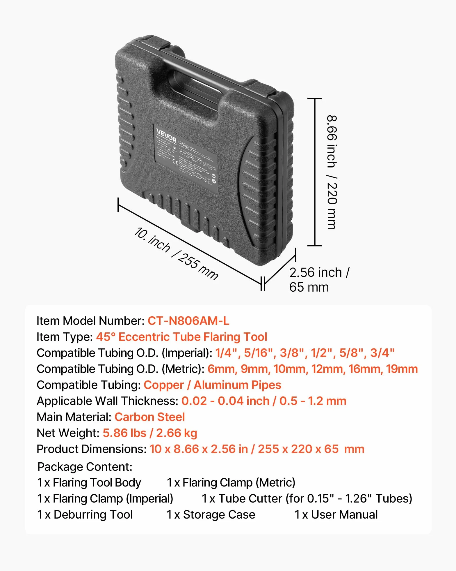 VEVOR Abocardador Tubo HVAC 9-16 mm 45° Cono Excéntrico Kit con Abrazaderas Cortatubos Desbarbador