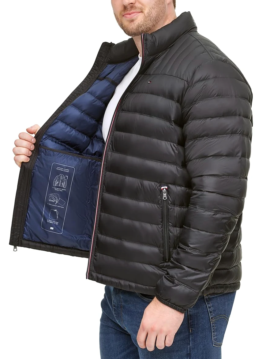 Tommy Hilfiger Chaqueta acolchada, compacta, ultra suave, abrigo de algodón alternativo, para hombre, Negro Con Escudo, L alto