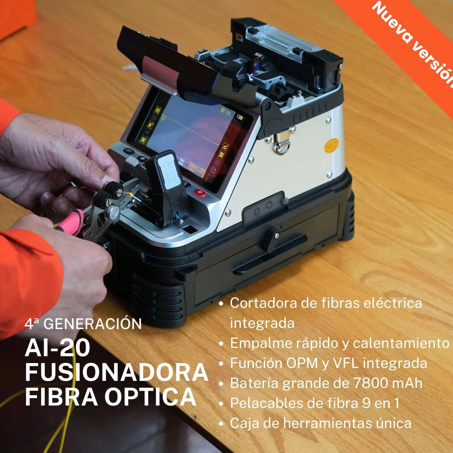 Fusionadora de fibra óptica AI-20 con cortadora eléctrica, kit de empalmador con OPM VFL y batería de 7800 mAh