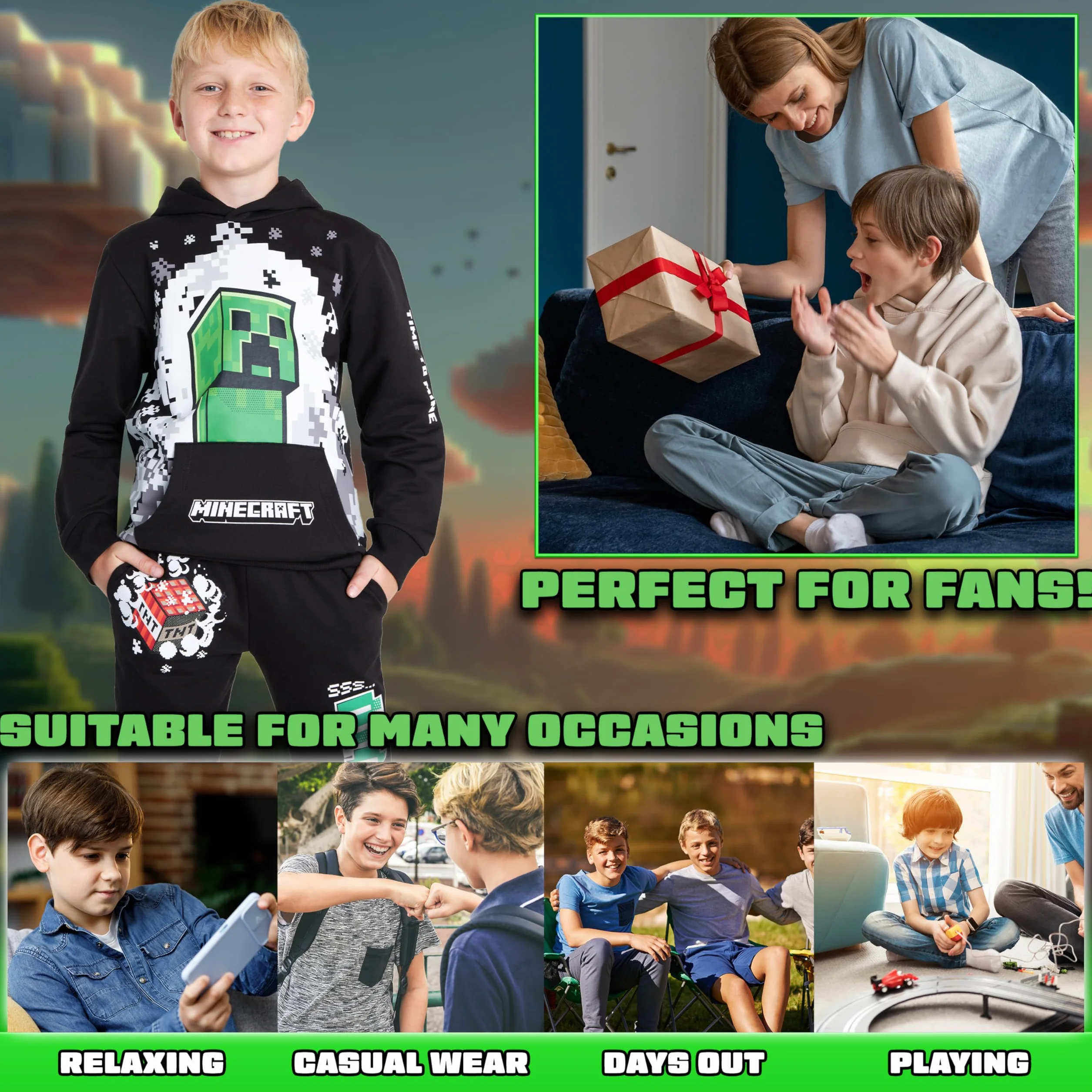 Minecraft Conjunto Chándal Niño - Sudadera con Capucha y Pantalones Niños